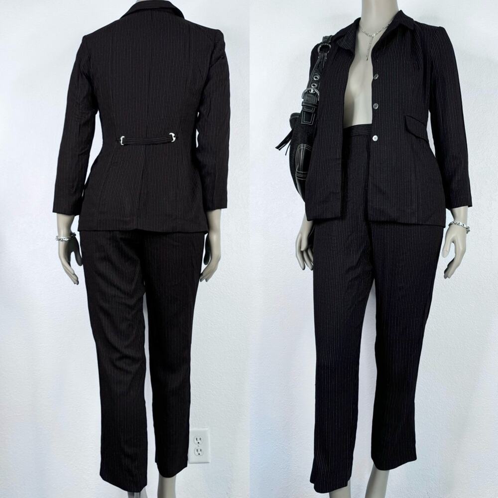 Vintage 90s Dani Max Petite Black Pinstripe 2 Piece Pantsuit Set Blazer & Pants